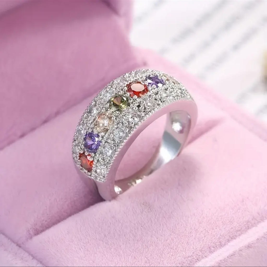Stunning Rainbow Mixed Colors Gemstones Cubic Zirconia Inlaid Ring Colorful